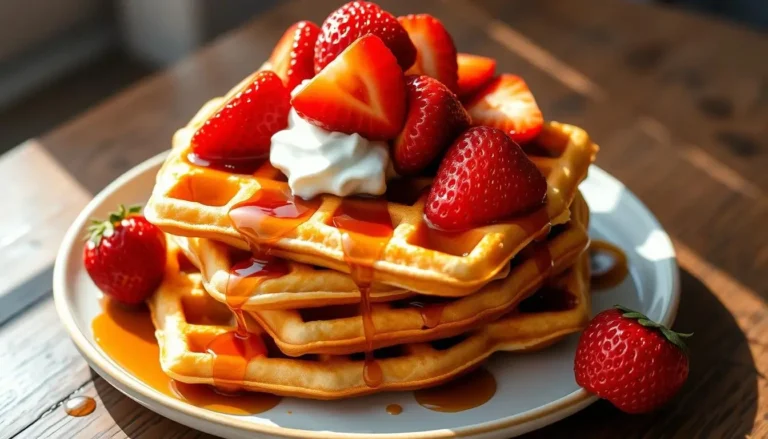 Golden waffles topped with fresh strawberries, whipped cream, and syrup on a white plate.