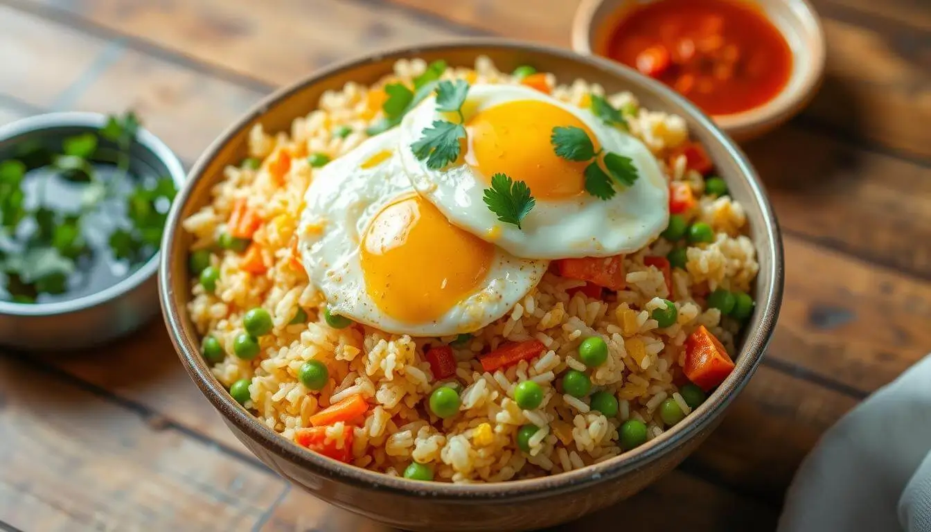 Anjappar-style egg fried rice garnished with spring onions served in a white bowl