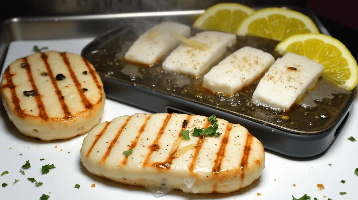 Grilled calamari steak served with lemon wedges and fresh parsley on a white plate.