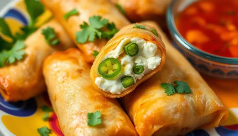 Egg roll wrappers filled with creamy goat cheese and spicy jalapeño slices, arranged on a wooden cutting board.