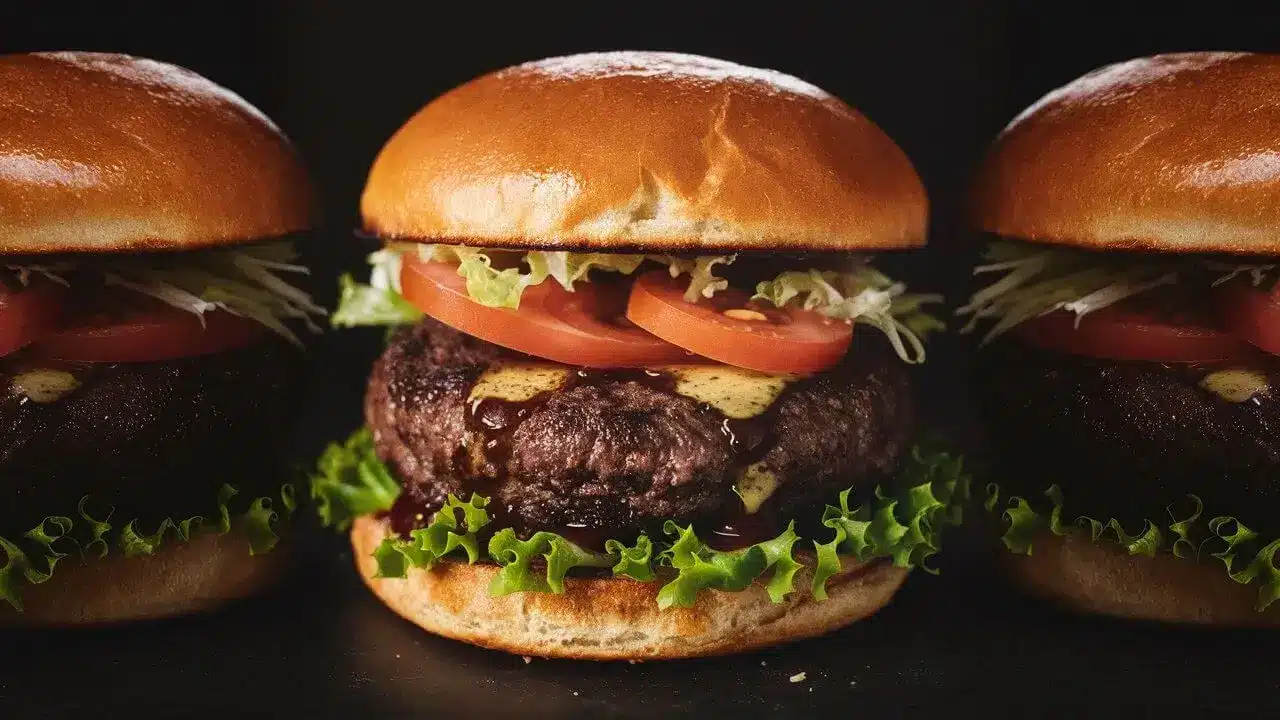 Juicy Wagyu burger patty with sear marks on a grill, surrounded by grilled vegetables.