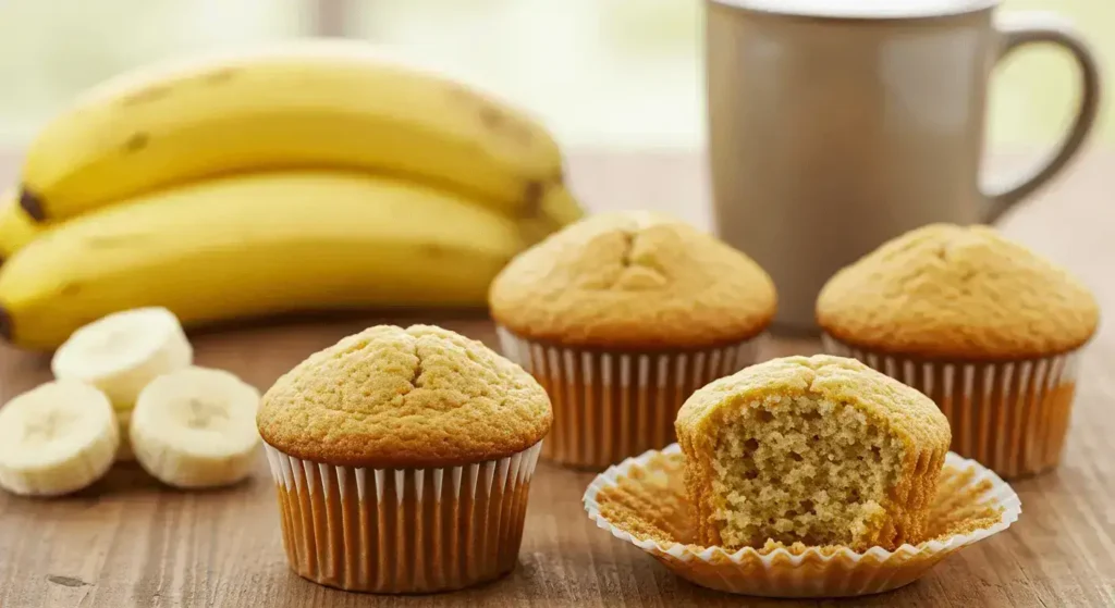 Tall and fluffy sour cream banana muffins with a golden domed top