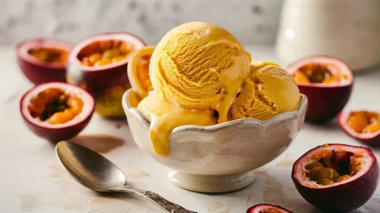 Light and refreshing passion fruit sorbet in a cup with fresh fruit garnish.