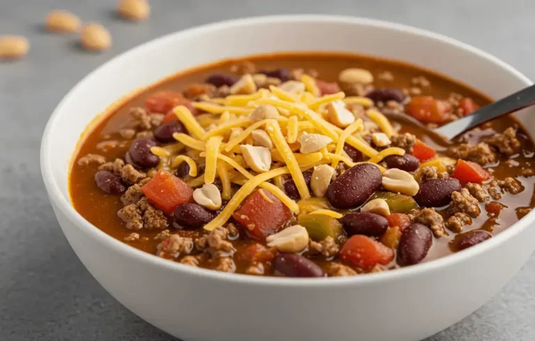 Vegan peanut butter chili with sweet potatoes and black beans.