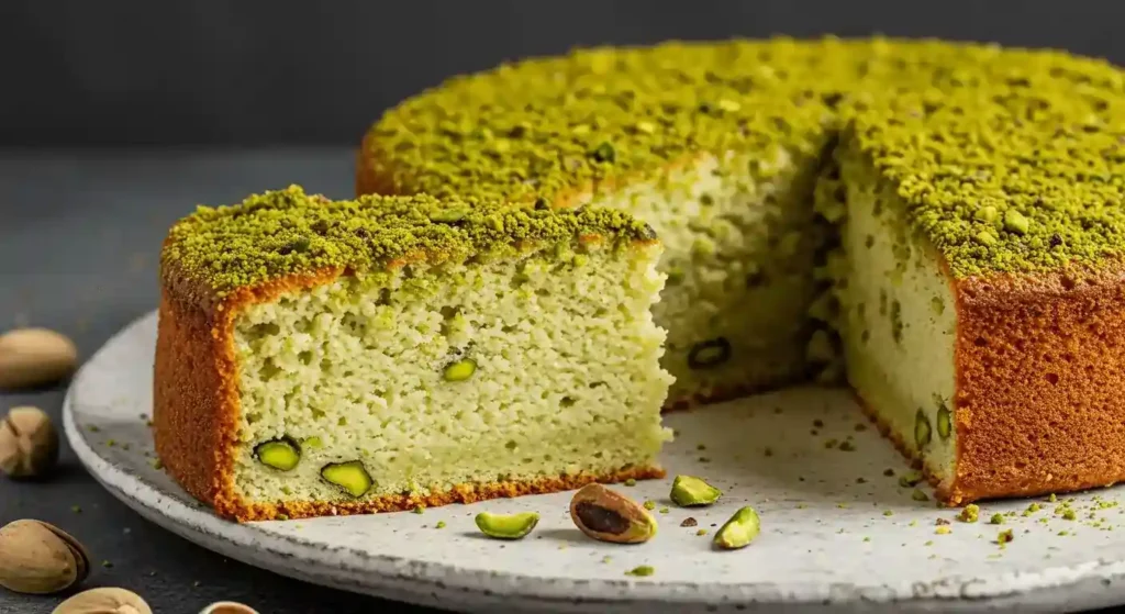 A moist pistachio ricotta cake dusted with powdered sugar and chopped pistachios.