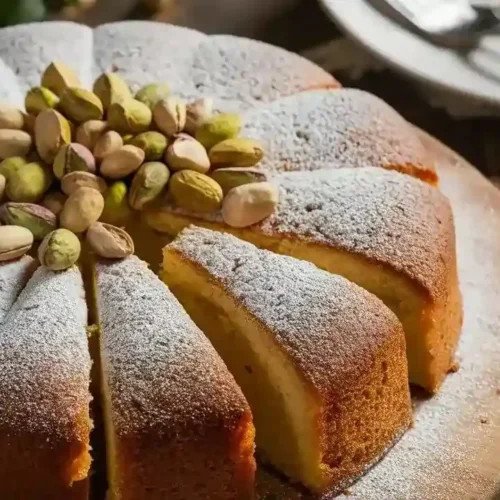 Pistachio ricotta cake drizzled with honey glaze and topped with crushed pistachios.