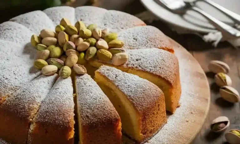 Pistachio ricotta cake drizzled with honey glaze and topped with crushed pistachios.