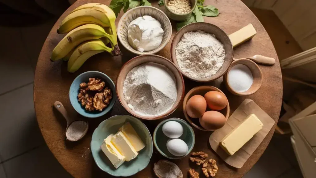 Fresh ingredients for sour cream banana muffins, including ripe bananas, sour cream, and walnuts, arranged on a wooden table.