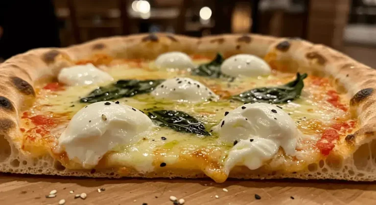 Stracciatella pizza with creamy cheese, fresh basil, and a golden crust.