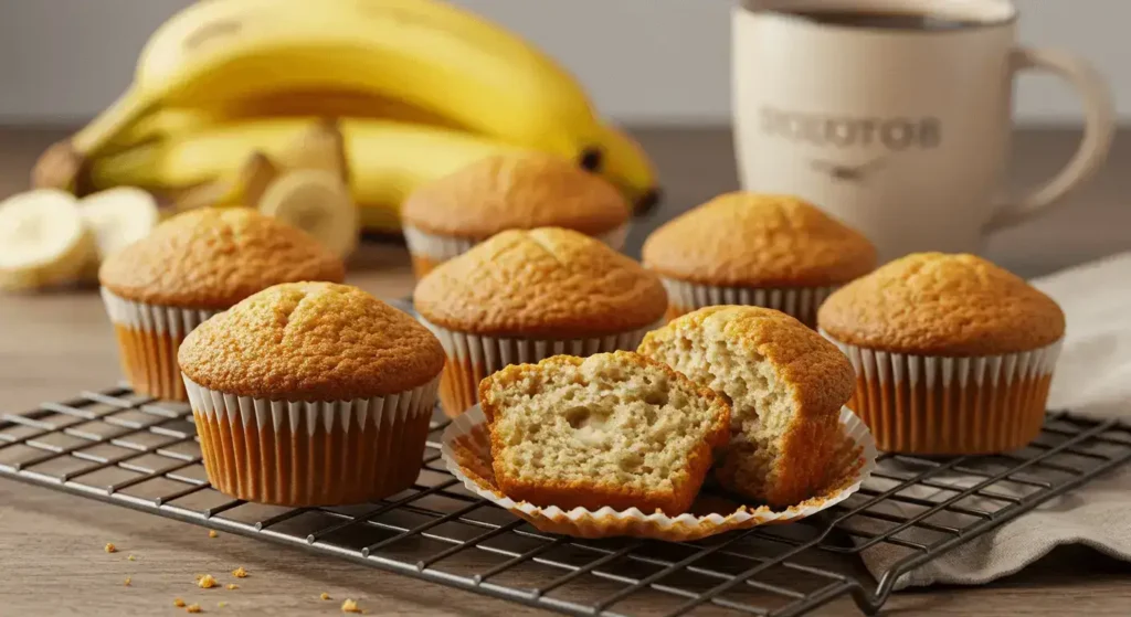 Freshly baked sour cream banana muffins, golden and moist, styled on a cooling rack with a split muffin revealing fluffy texture.