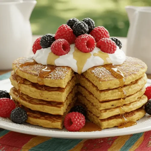 A stack of Spanish pancakes with orange zest, drizzled with a citrus glaze.