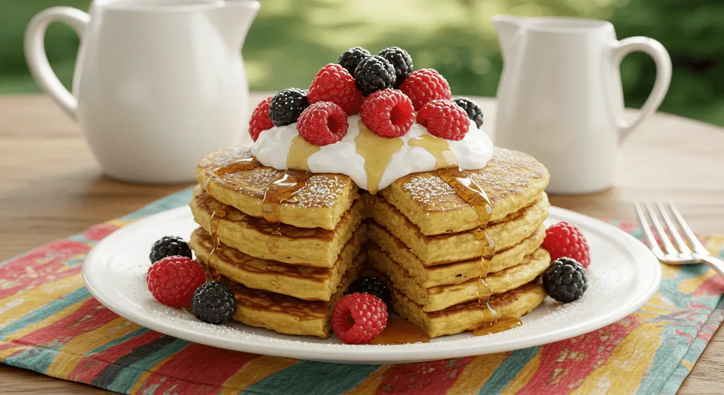 A stack of Spanish pancakes with orange zest, drizzled with a citrus glaze.