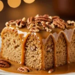 A Southern-style butter pecan praline poke cake with a rich, buttery caramel glaze.