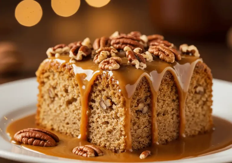 A Southern-style butter pecan praline poke cake with a rich, buttery caramel glaze.