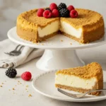 A sliced double crust cheesecake with a golden top crust and creamy center, garnished with fresh berries on a white plate.