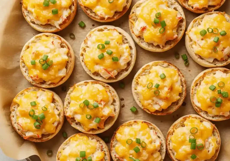 Golden-brown crabbies appetizer topped with melted cheese and fresh herbs