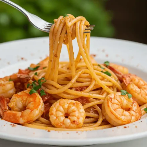 Finished prawn pasta with smoky spice, garnished with parsley and ready to serve.