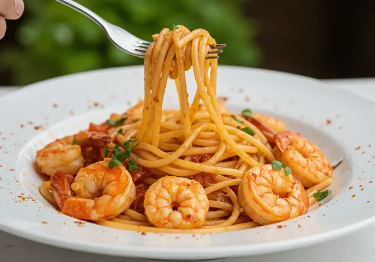 Finished prawn pasta with smoky spice, garnished with parsley and ready to serve.