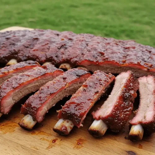 Juicy smoked ribs on a pellet grill with a crispy caramelized crust.