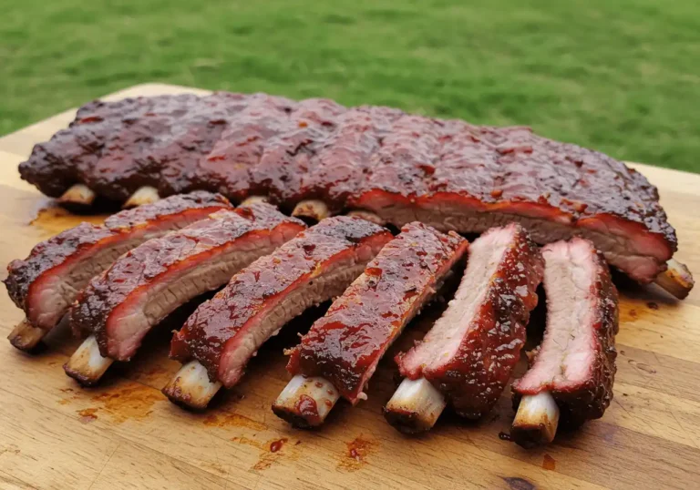 Juicy smoked ribs on a pellet grill with a crispy caramelized crust.