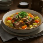Finished bowl of soup bones beef soup with fresh parsley