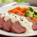 A bowl of garlic and herb white sauce next to a plate of corned beef.