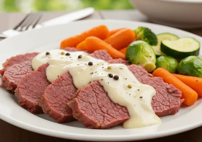 A bowl of garlic and herb white sauce next to a plate of corned beef.