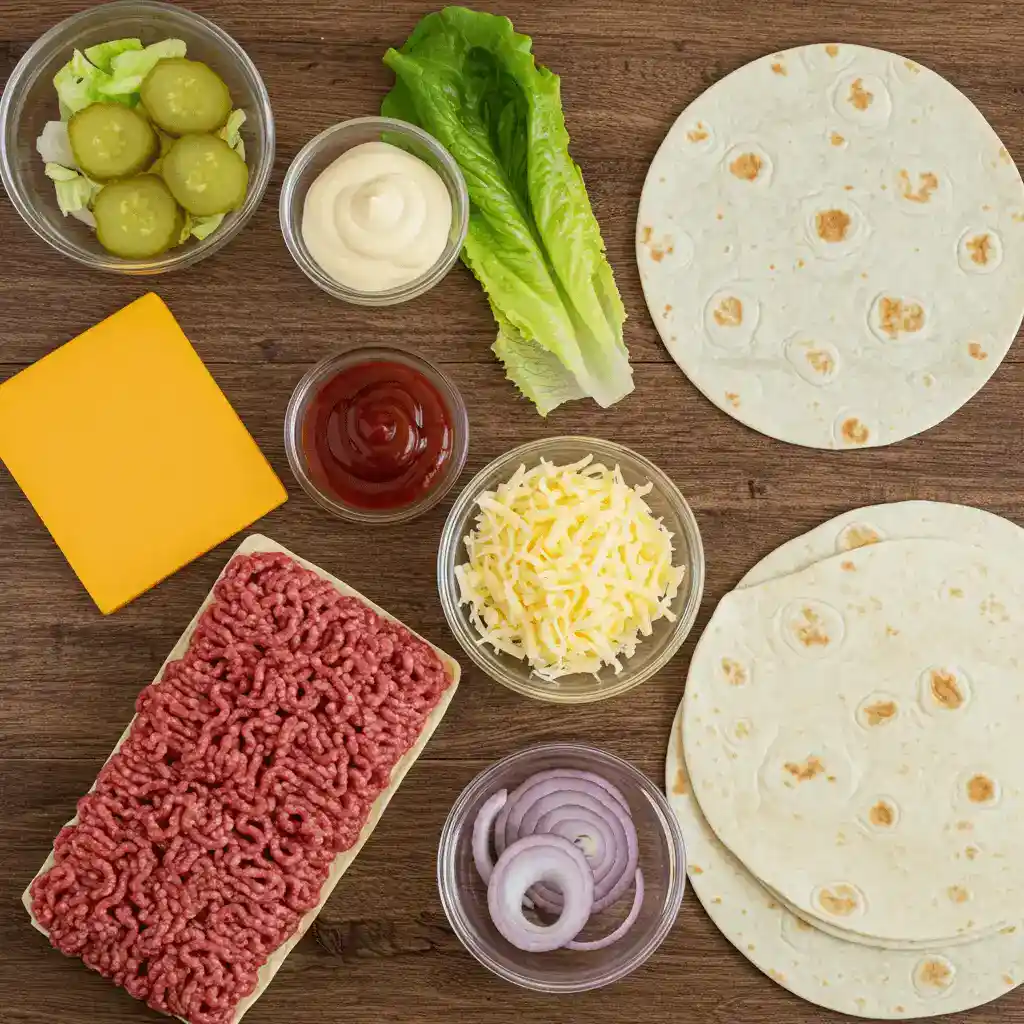 Big Mac Wraps: 5 Irresistible Reasons to Try This Recipe Now 2 Fresh ingredients for Big Mac wraps arranged on a wooden table.