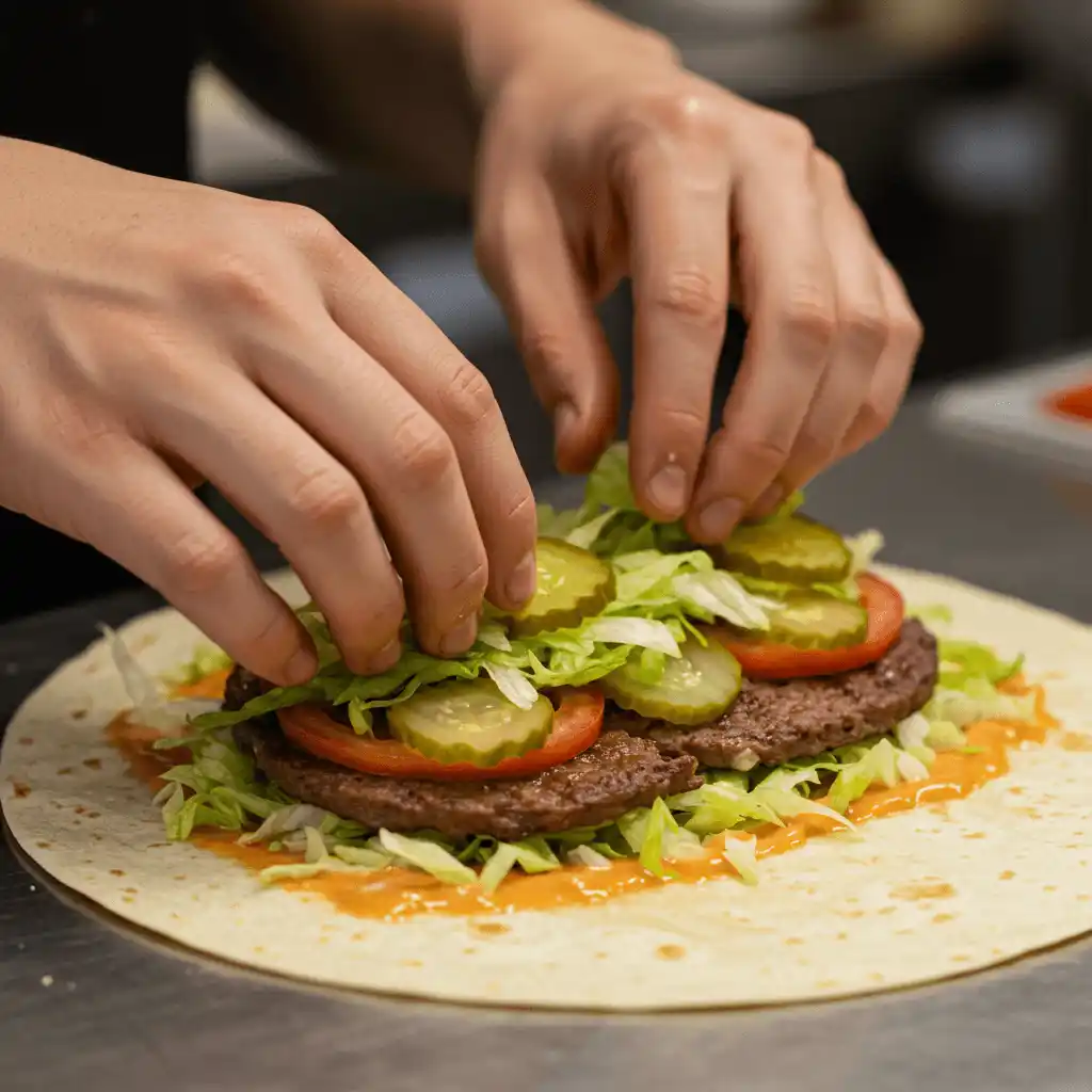 Big Mac Wraps: 5 Irresistible Reasons to Try This Recipe Now 3 Step-by-step assembly of a Big Mac tortilla wrap.