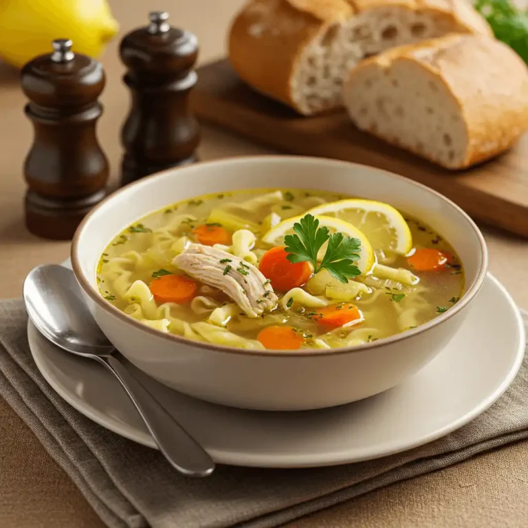 A bowl of chicken noodle soup with fresh herbs.
