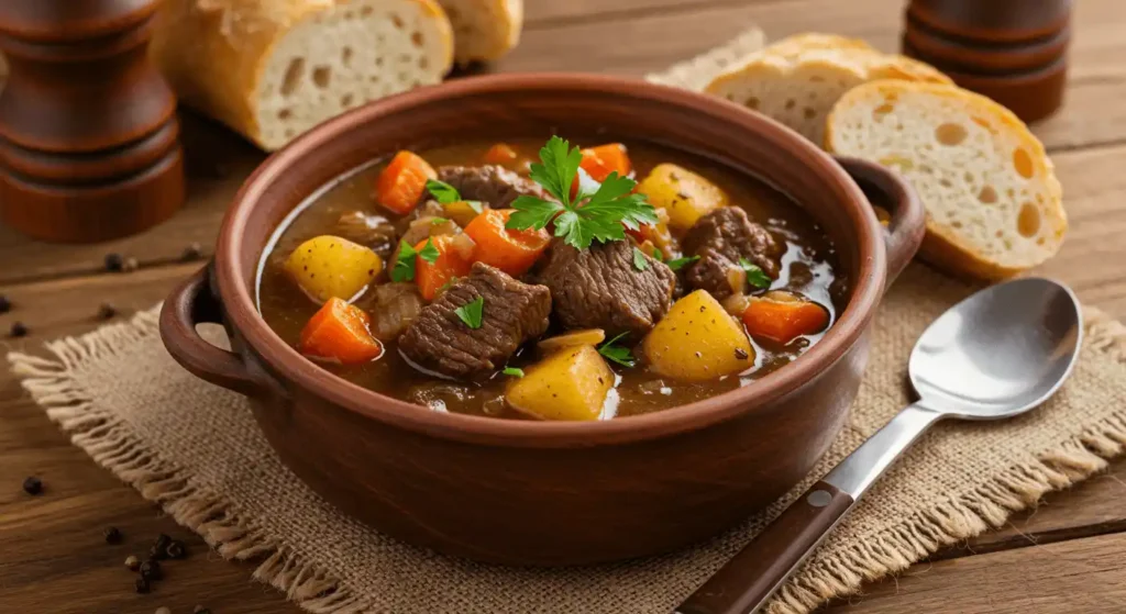 Beef Stew: 5 Ultimate Tips for the Best Recipe 4 Hearty beef stew meat in a ceramic bowl, garnished with parsley, ready to serve.