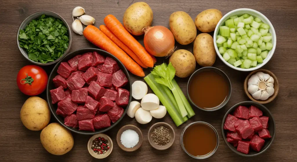 Beef Stew: 5 Ultimate Tips for the Best Recipe 2 Fresh ingredients for beef stew, including beef chuck, carrots, potatoes, and herbs, on a wooden table.