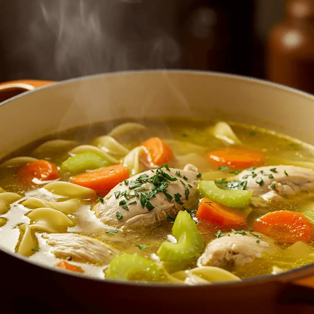 Chicken Noodle Soup: 5 Best Easy Recipes for Comfort 3 Simmering chicken noodle soup with vegetables in a pot.