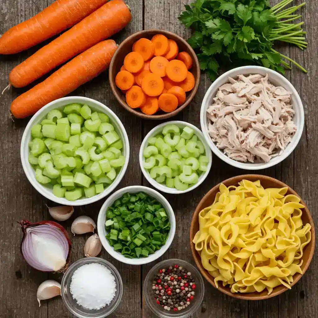 Chicken Noodle Soup: 5 Best Easy Recipes for Comfort 2 Fresh ingredients for chicken noodle soup recipe on a wooden table.
