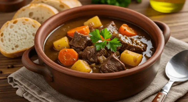 Hearty beef stew in a ceramic bowl, garnished with parsley, ready to serve.