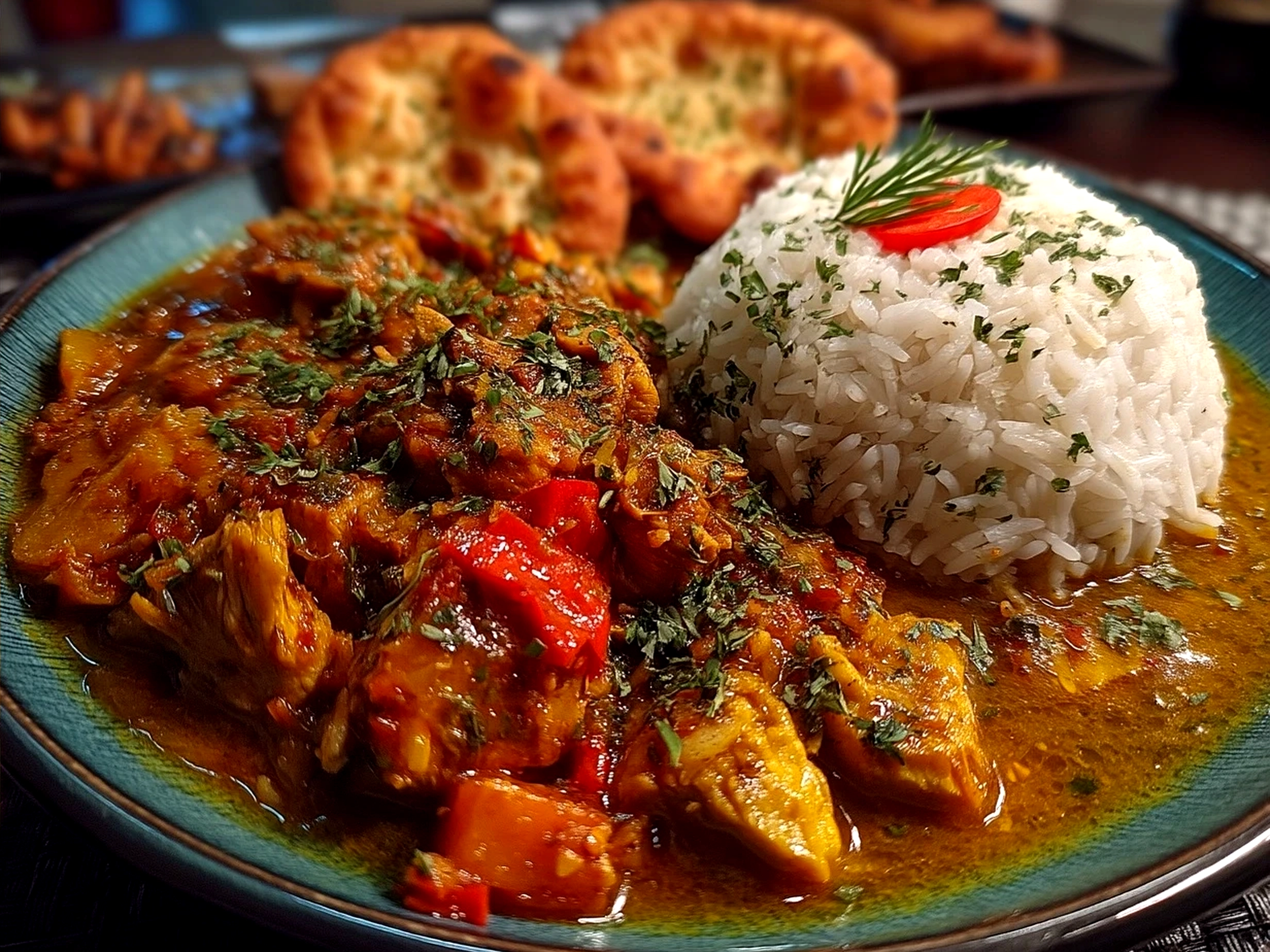African Chicken Curry served with rice and garnished with fresh cilantro