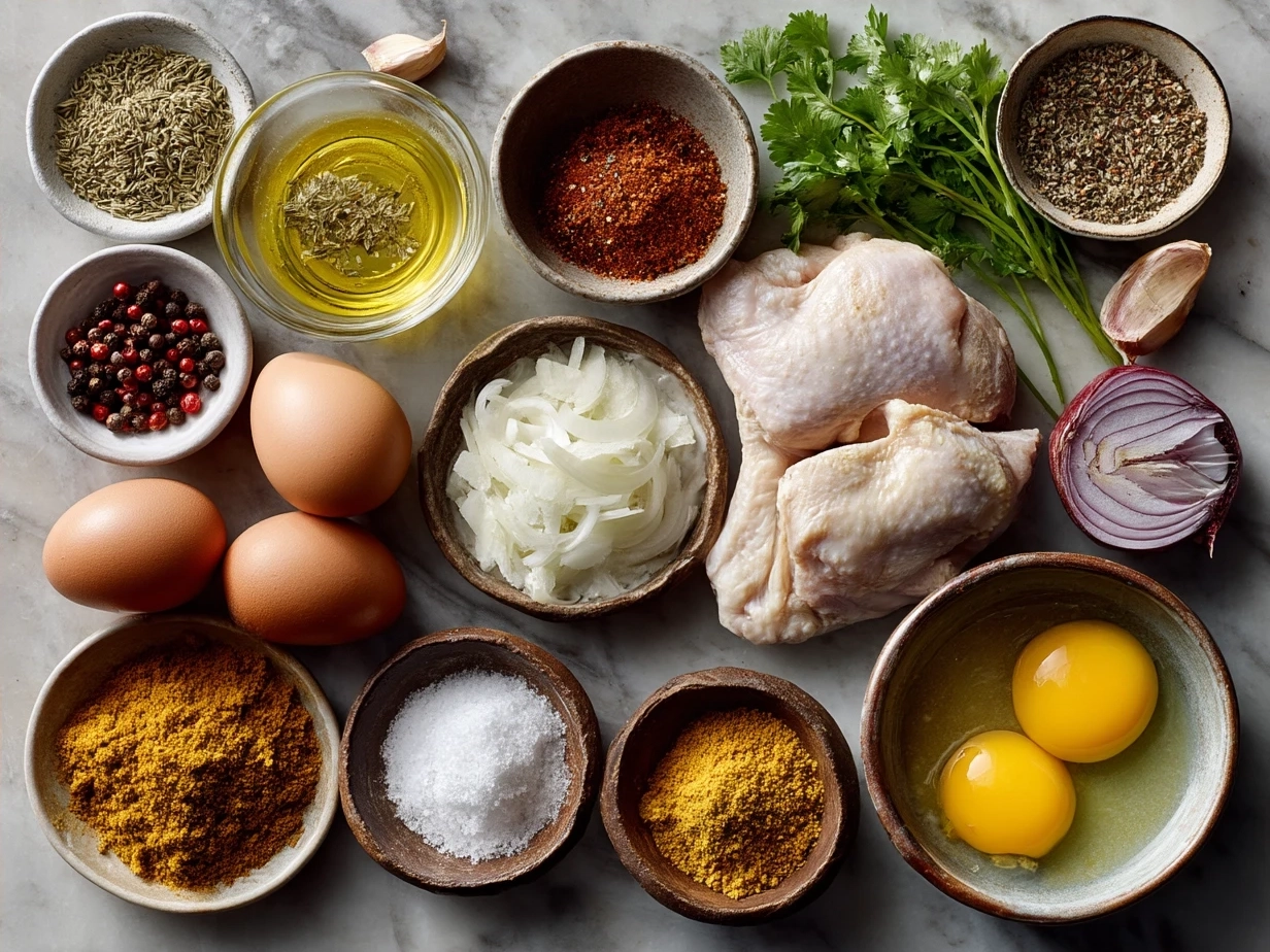 Ingredients for African Chicken Curry laid out on a kitchen counter