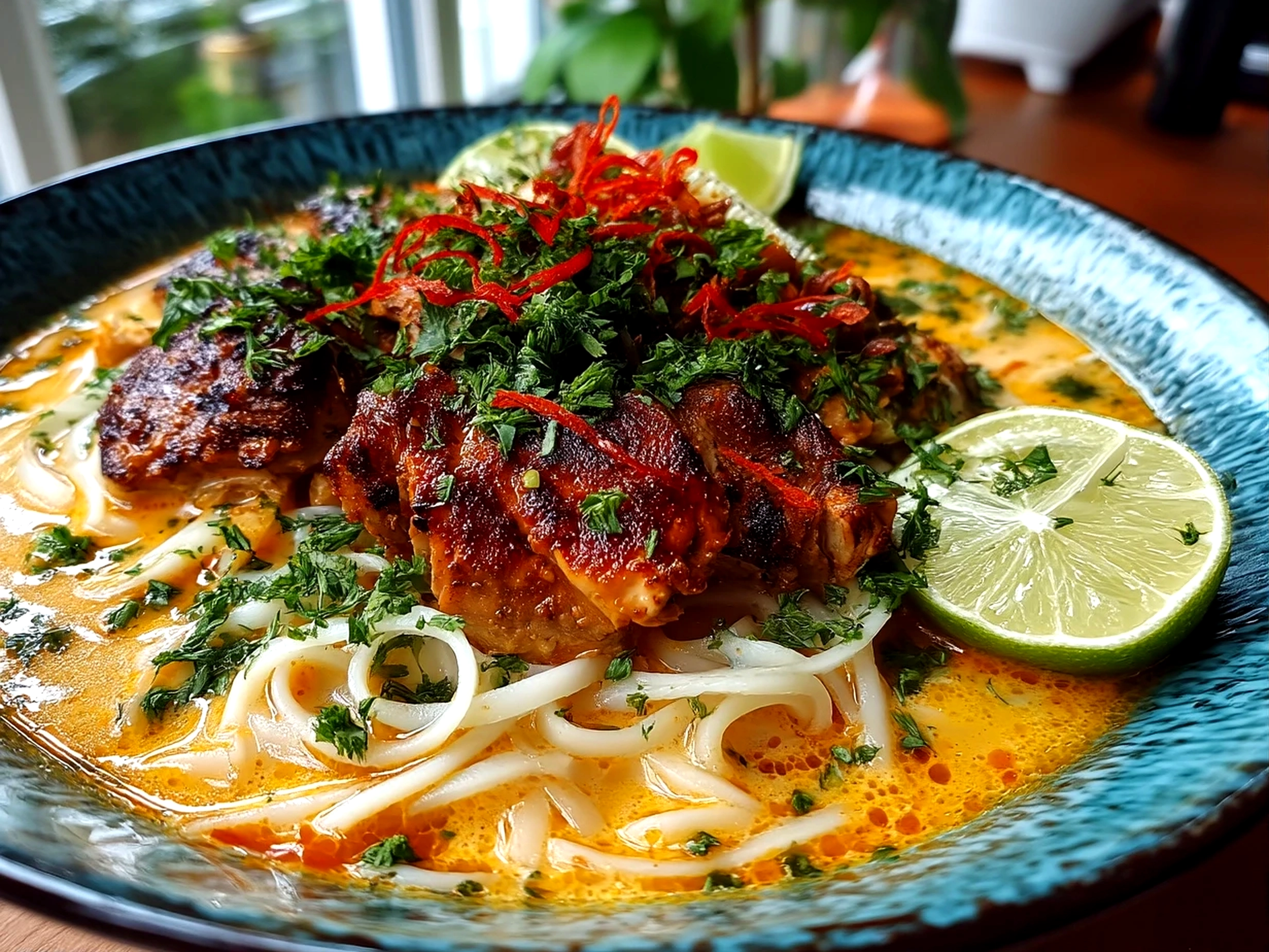 Close-up of finished comforting Cheats Chicken Laksa with rich inviting finish