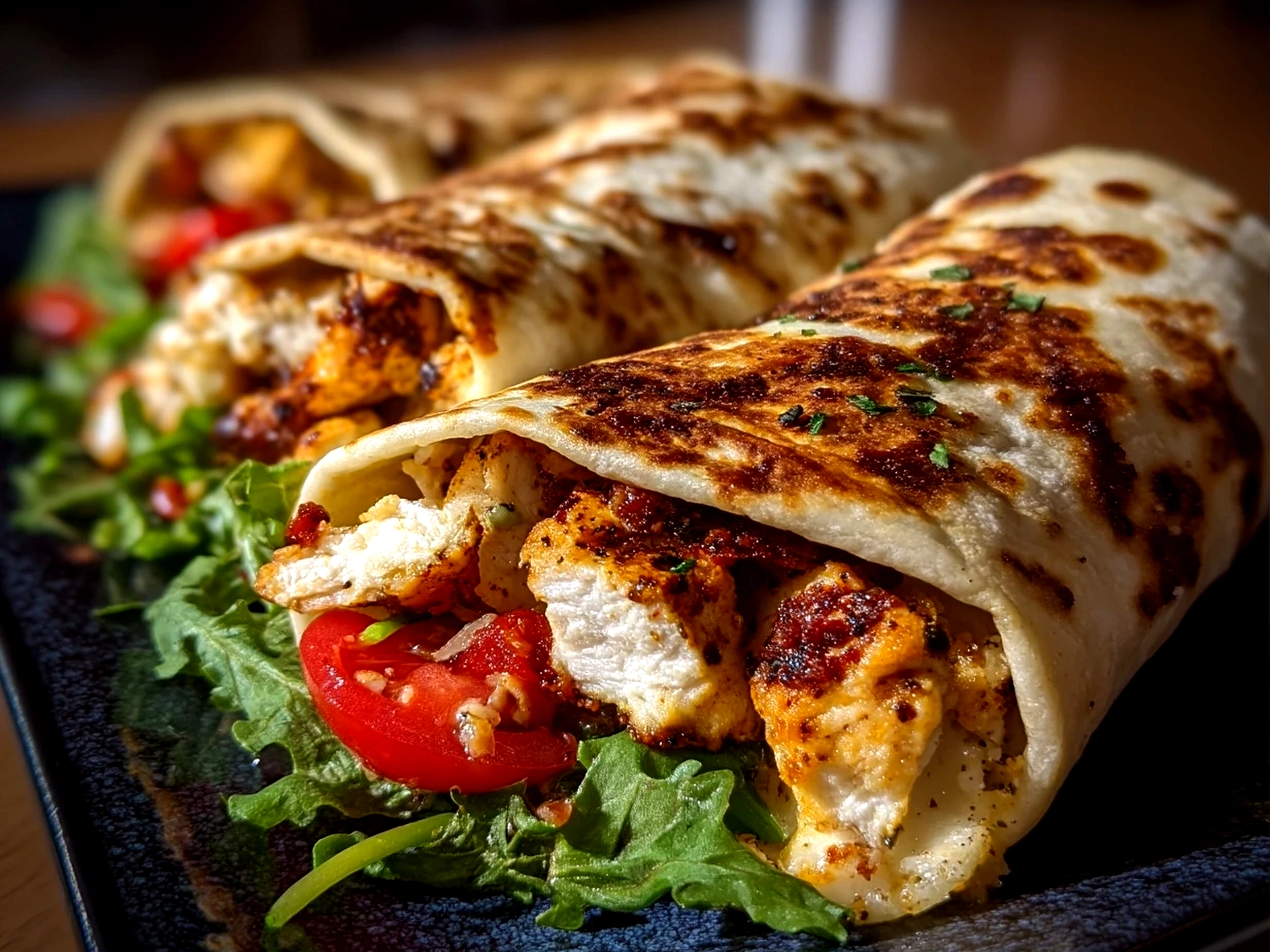 Close-up of finished delicious Air Fryer Chicken Mozzarella Wraps arranged on plate fresh and vibrant
