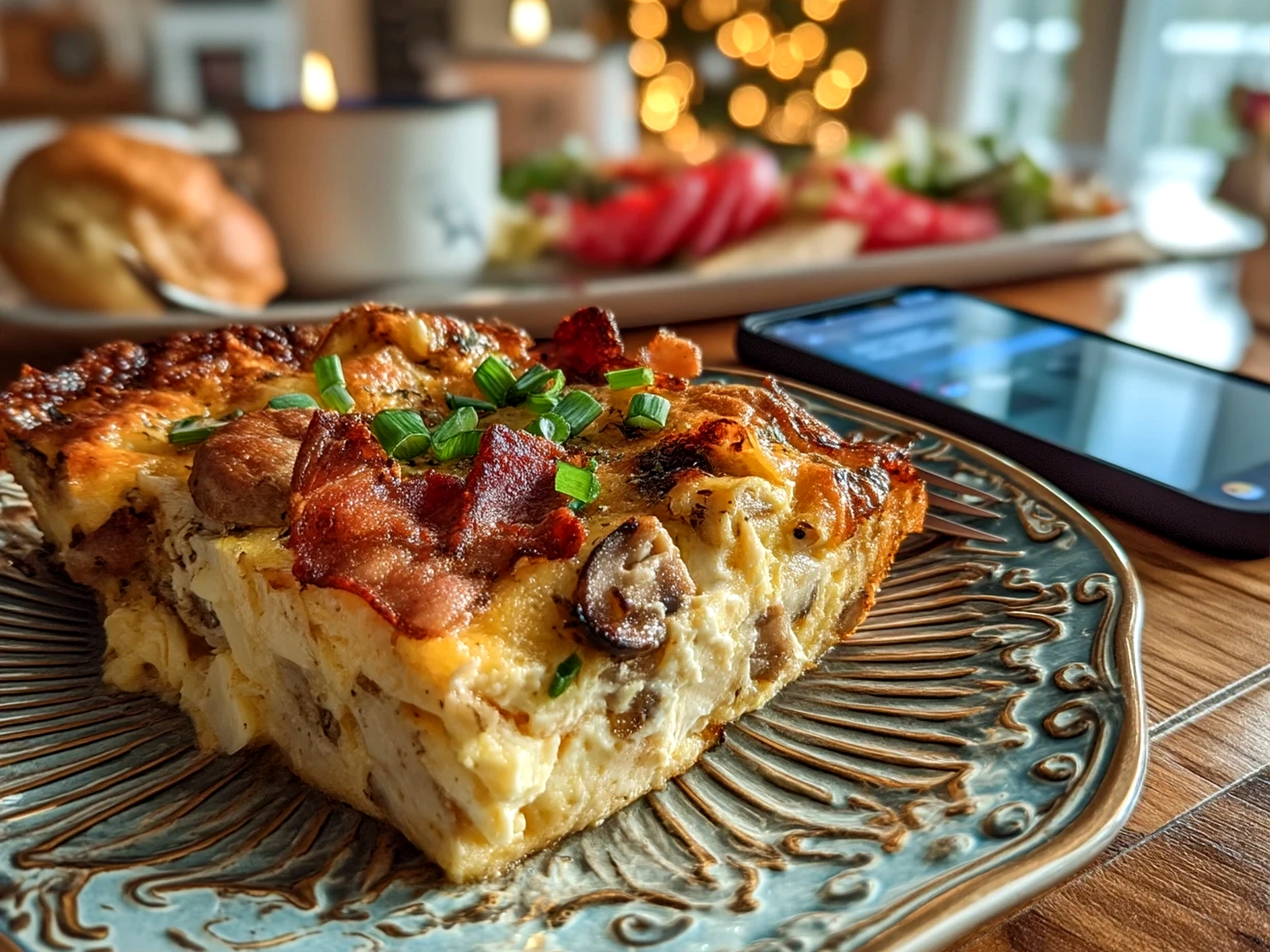 Close-up of a finished homemade Christmas breakfast casserole served fresh and vibrant
