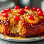 Beautiful juicy pineapple cake in a white serving plate