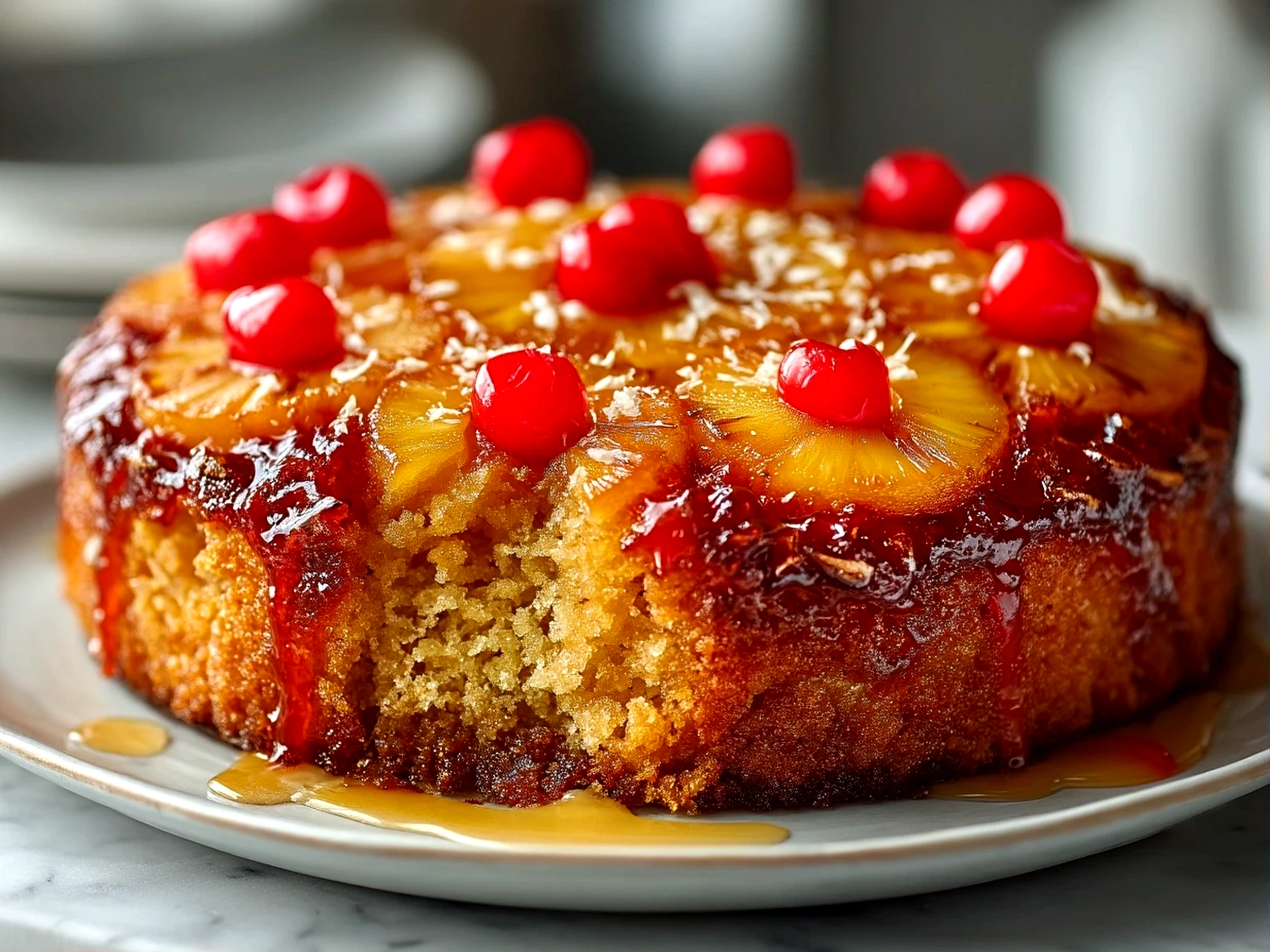 Beautiful juicy pineapple cake in a white serving plate