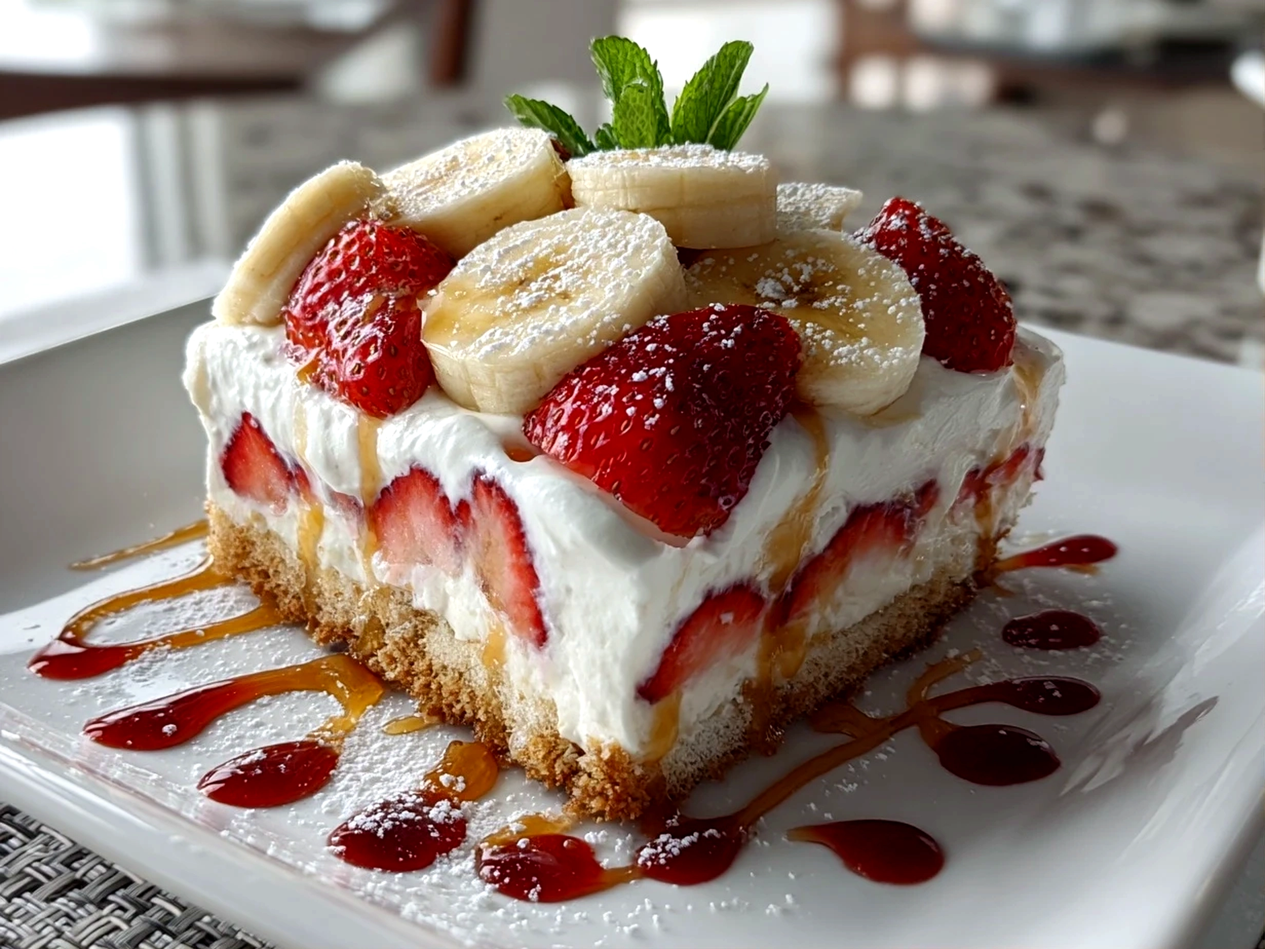 Beautiful Strawberry Banana Pudding Dream on white plate