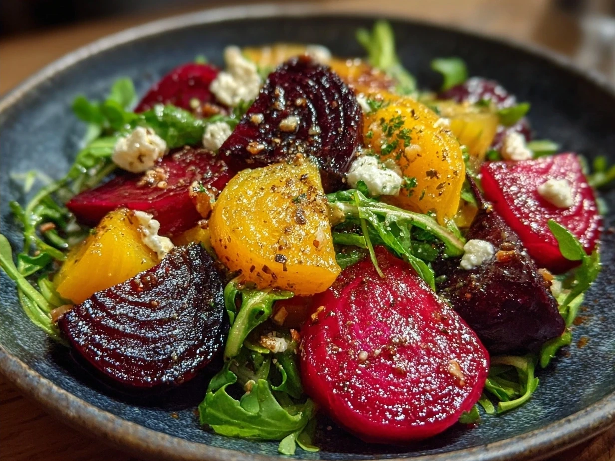 Final serving of beet salad with goat cheese, walnuts, and arugula ready to eat.