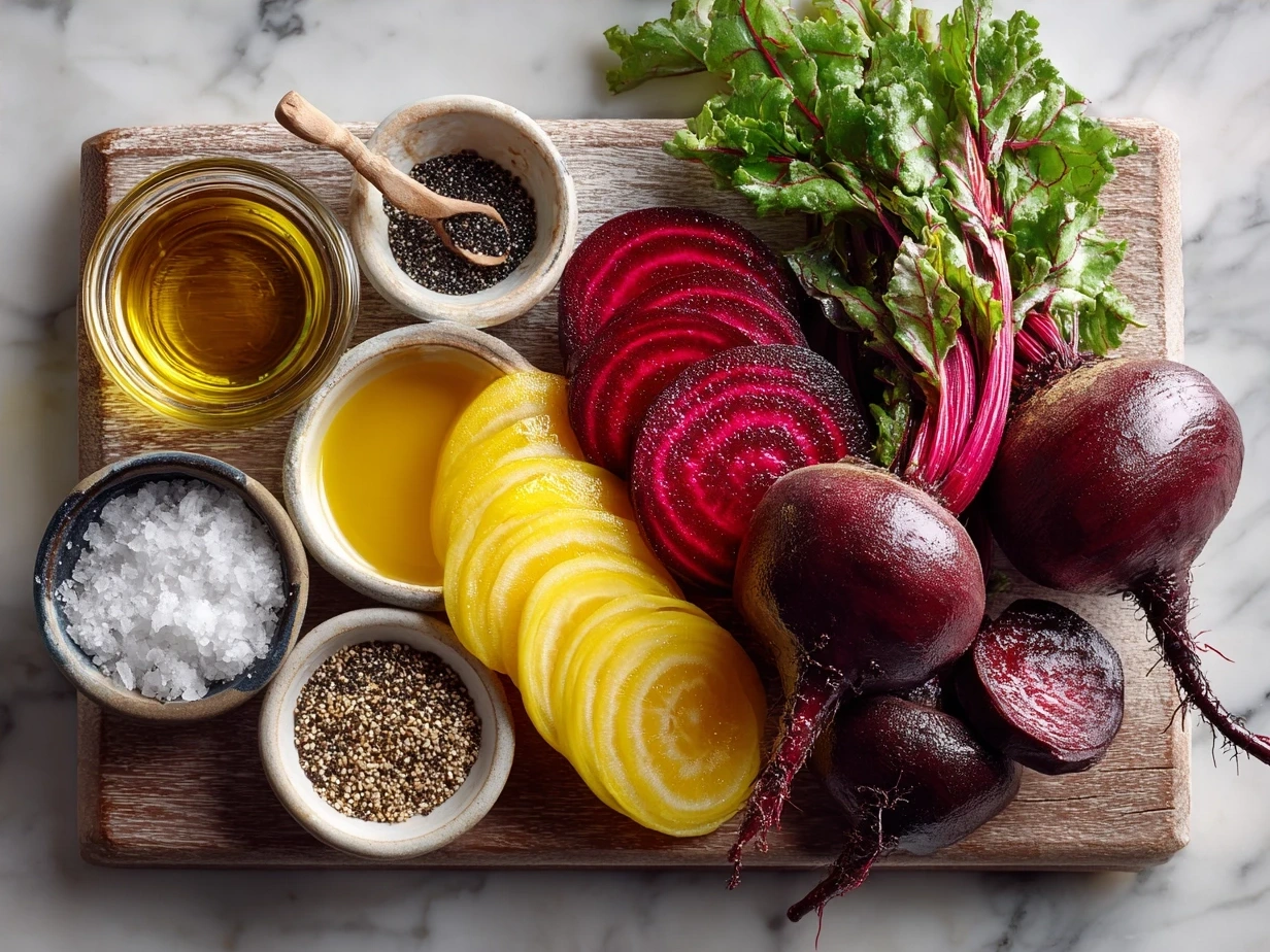 Ingredients for homemade beet salad including fresh beets, goat cheese, arugula, walnuts, olive oil, and balsamic vinegar.