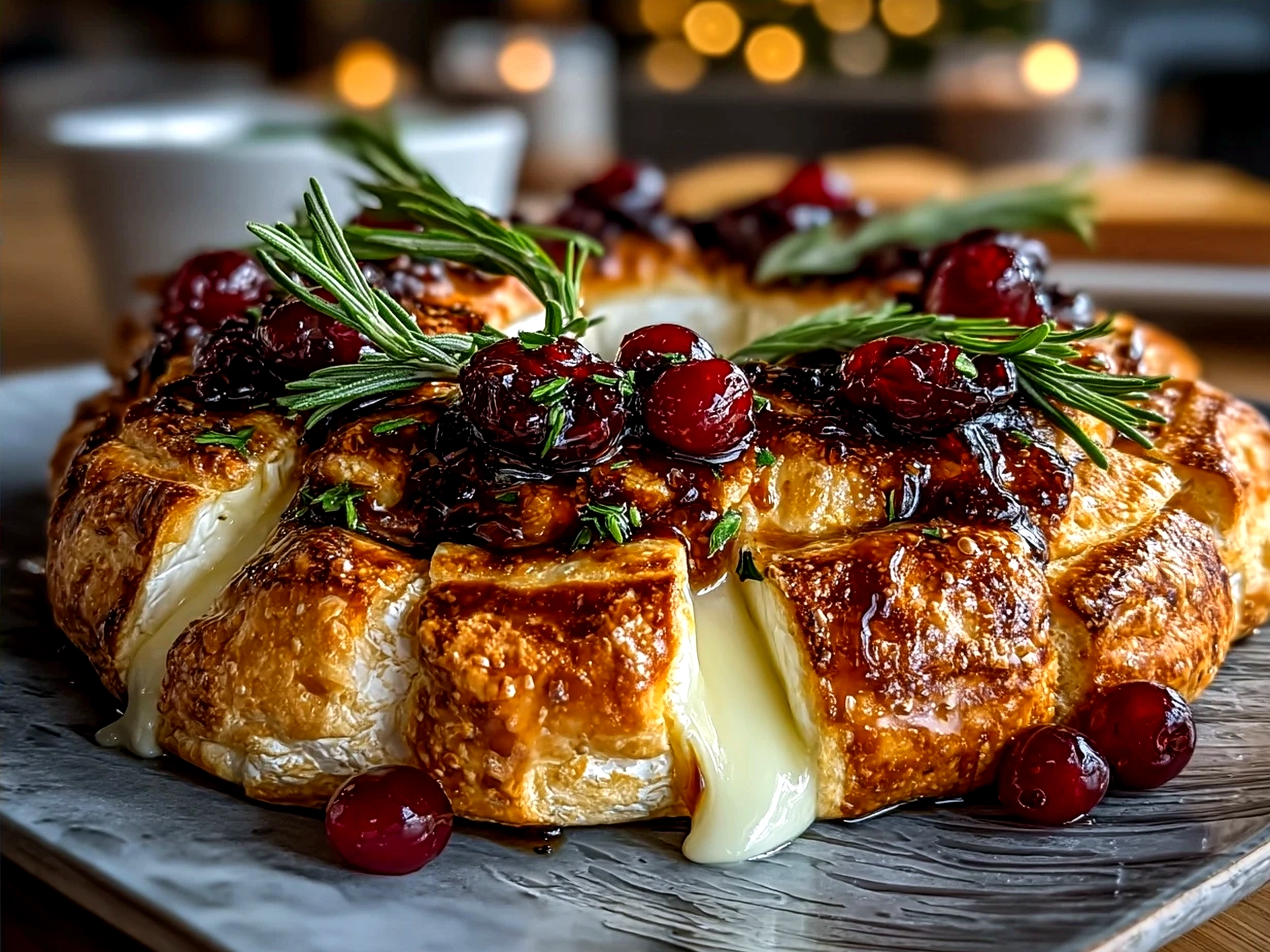 Beautifully presented Brie Cheese Wreath ready to serve