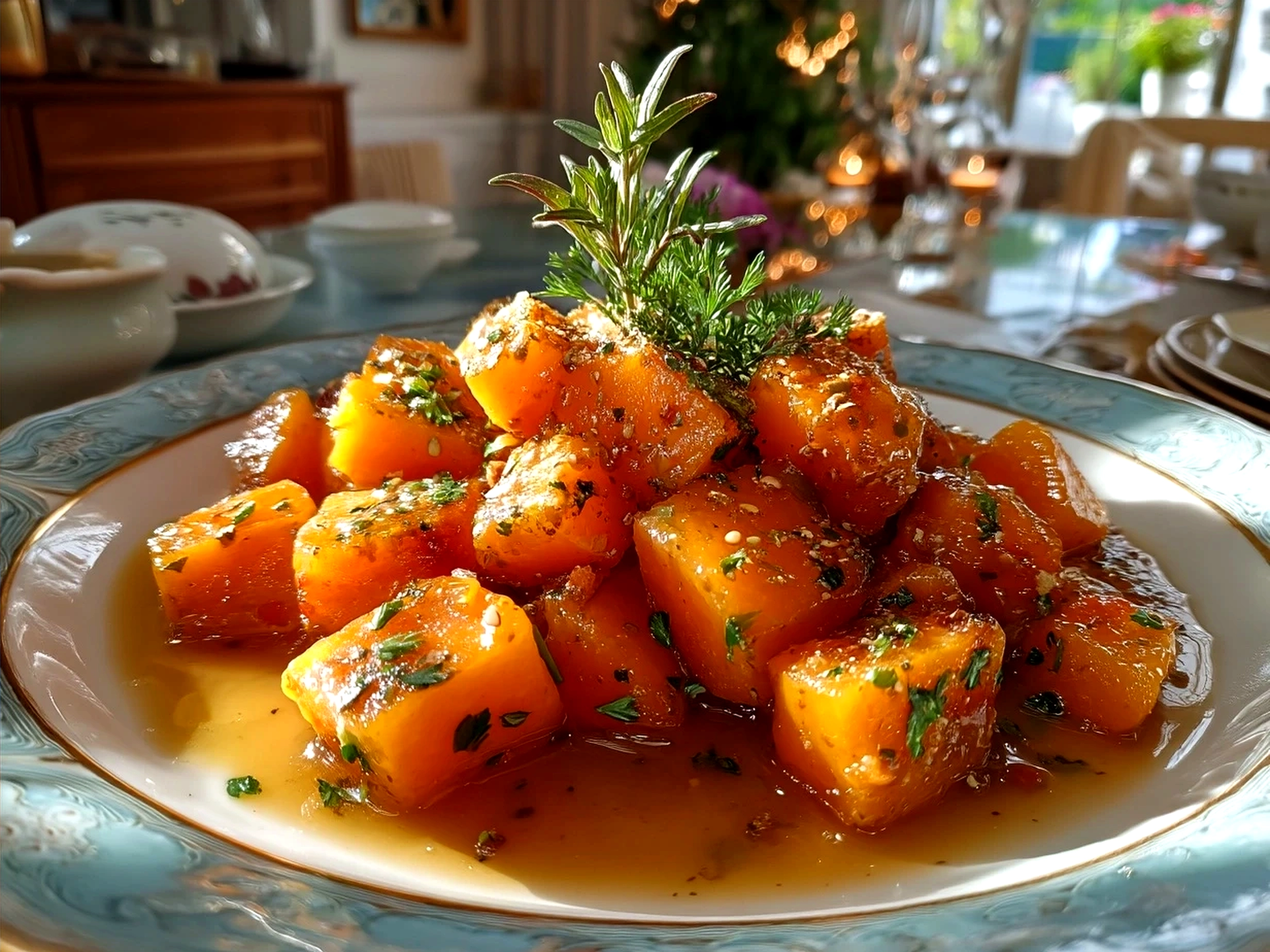 Serving roasted butternut squash with fresh herbs and toasted pumpkin seeds