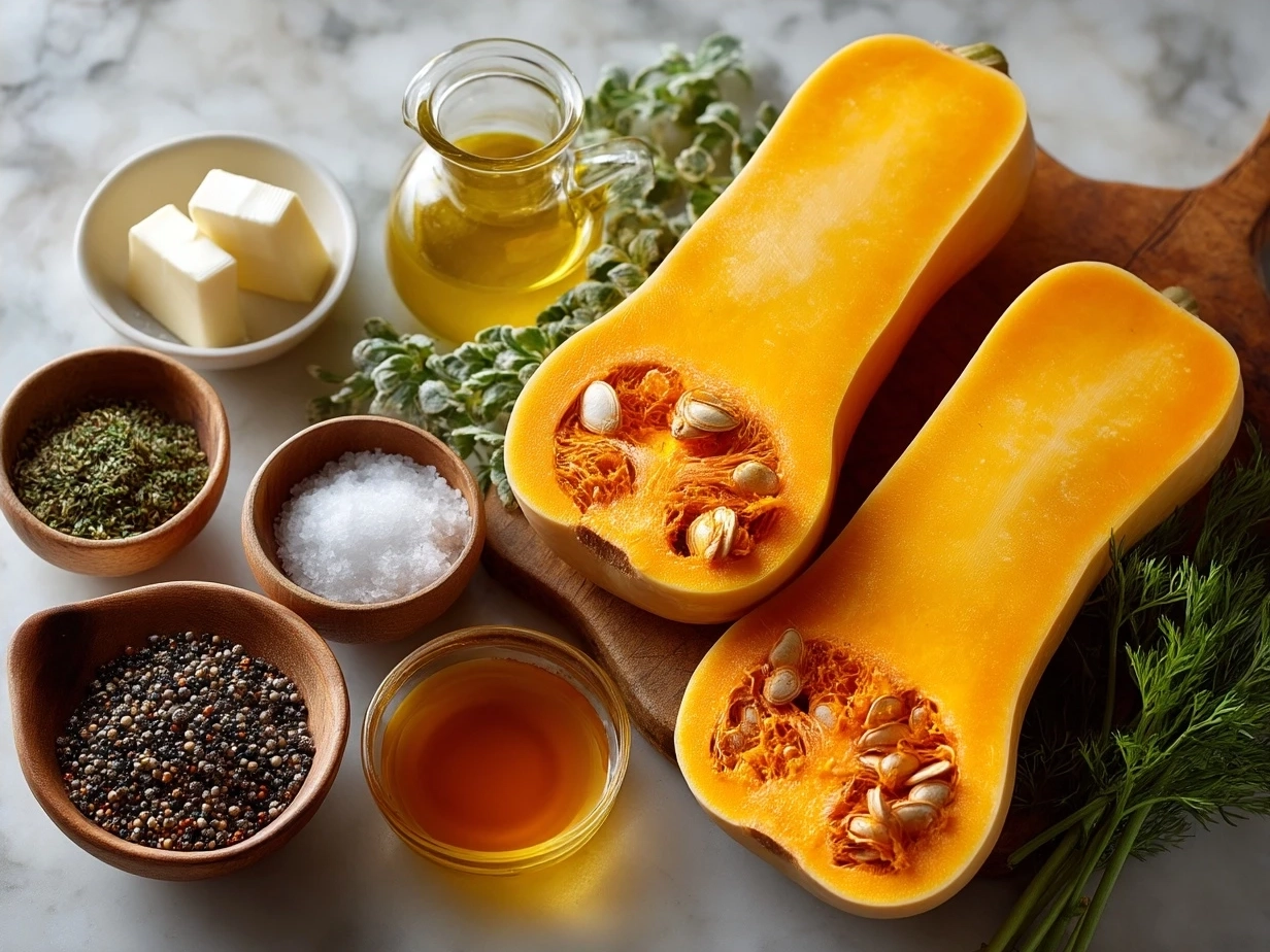 Ingredients for roasted butternut squash including peeled, cubed squash, olive oil, and spices