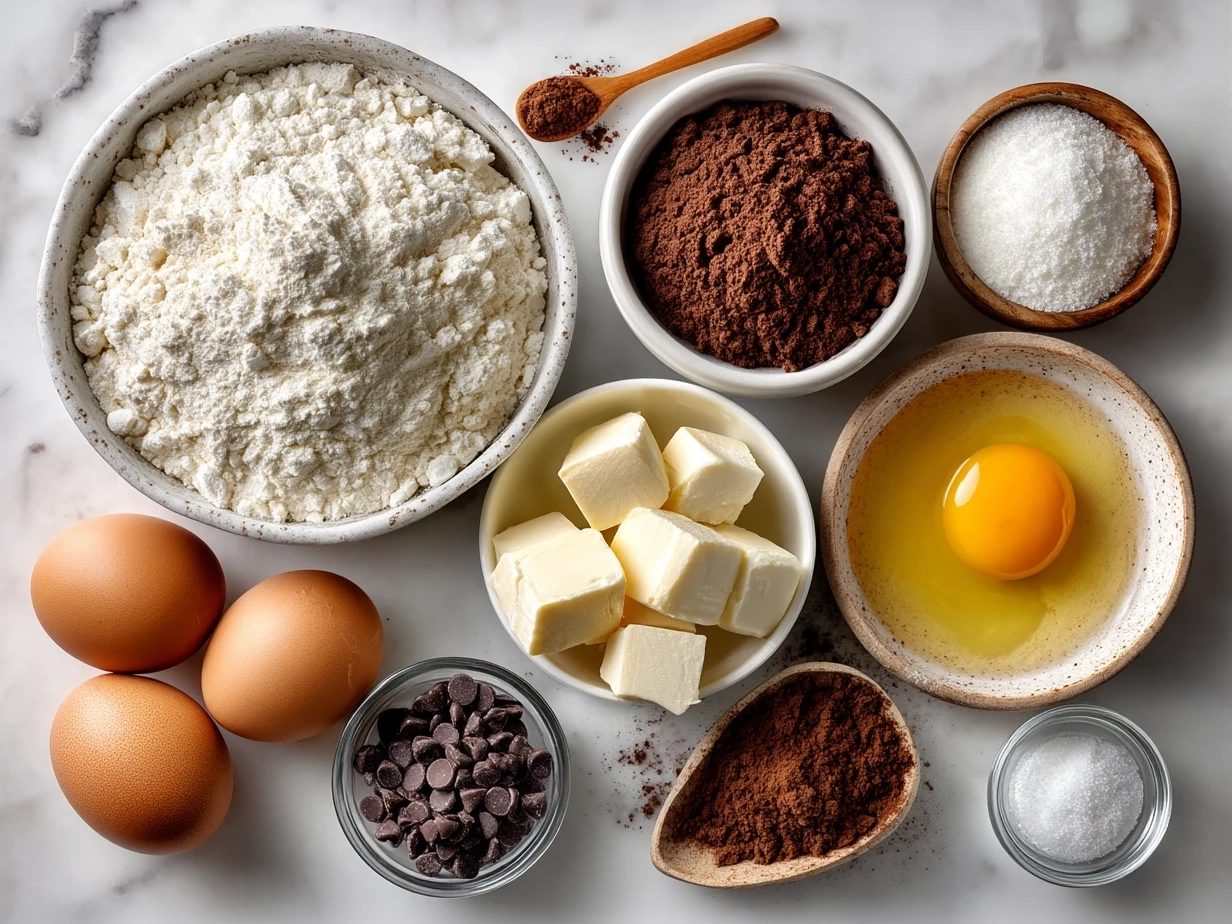Ingredients for Cake Mix Cookies including cake mix box, eggs, vegetable oil, and chocolate chips