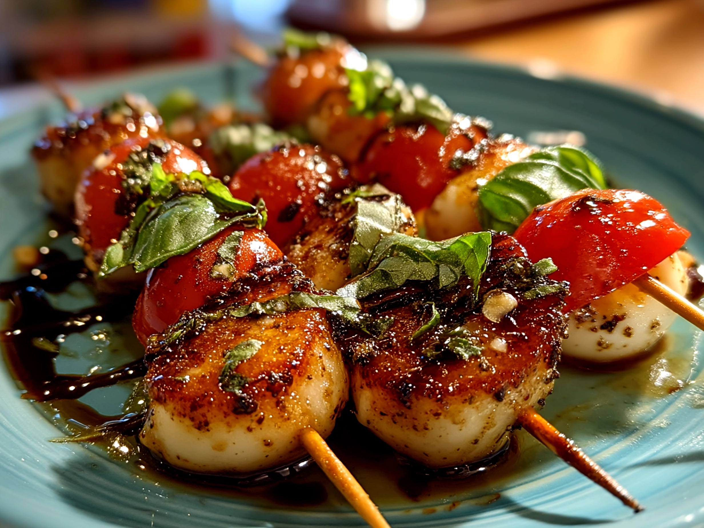 Finished Caprese Skewers arranged on a serving plate, ready to enjoy